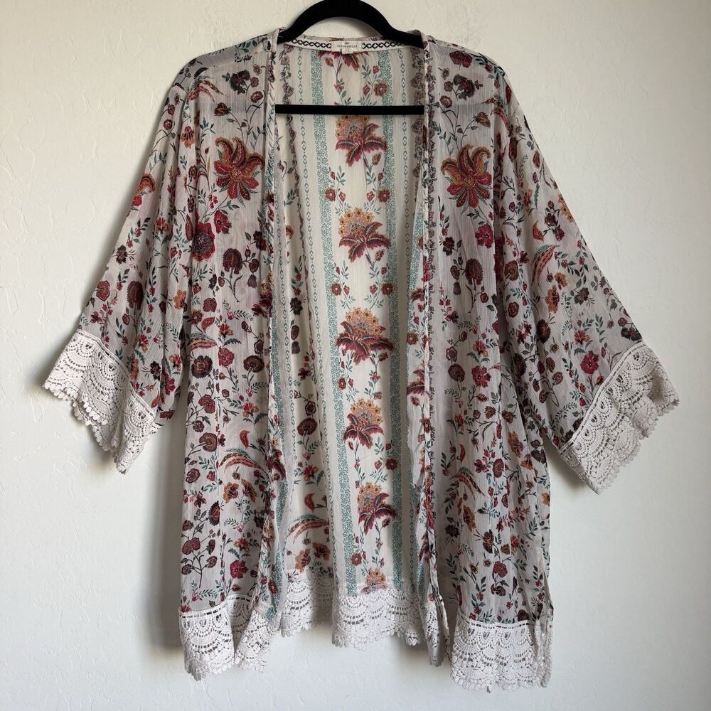 Mason & Belle Sz 2X Floral Crochet Trim Gauzy Open Front Kimono Boho Cottagecore